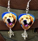 Golden Retriever Guitar Pick Earrings with Silk Swarovski Crystal Dangles