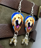 Golden Retriever Guitar Pick Earrings with Silk Swarovski Crystal Dangles