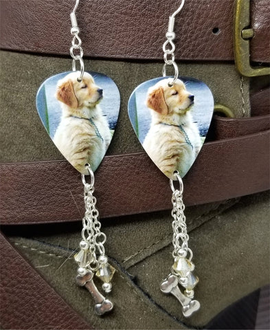 Golden Retriever Puppy Guitar Pick Earrings with Bone Charm and Silk Swarovski Crystal Dangles