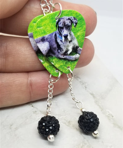 Great Dane Guitar Pick Earrings with Black Pave Bead Dangles