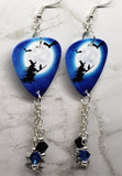 Witch on Broomstick with Cat Guitar Pick Earrings with Charm and Swarovski Crystal Dangles