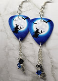 Witch on Broomstick with Cat Guitar Pick Earrings with Charm and Swarovski Crystal Dangles