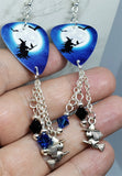 Witch on Broomstick with Cat Guitar Pick Earrings with Charm and Swarovski Crystal Dangles