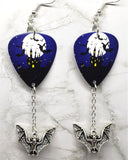 Haunted Castle in Front of a Full Moon Guitar Pick Earrings with Bat Charm Dangles