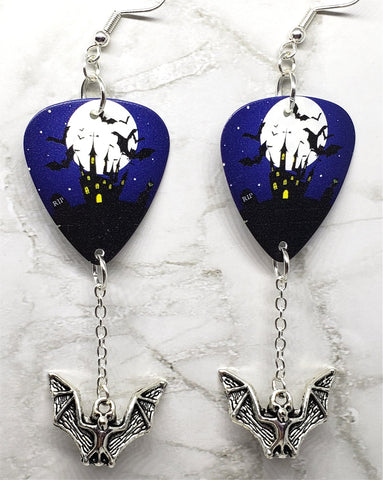 Haunted Castle in Front of a Full Moon Guitar Pick Earrings with Bat Charm Dangles