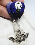 Haunted Castle in Front of a Full Moon Guitar Pick Earrings with Bat Charm Dangles