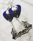 Haunted Castle in Front of a Full Moon Guitar Pick Earrings with Bat Charm Dangles