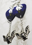 Haunted Castle in Front of a Full Moon Guitar Pick Earrings with Bat Charm Dangles