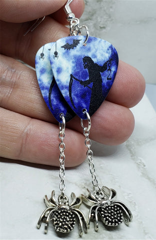 Grim Reaper Guitar Pick Earrings with Spider Charm Dangles