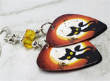 Black Cat and Flying Bats in Front of a Full Moon Guitar Pick Earrings with Yellow Swarovski Crystals