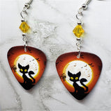 Black Cat and Flying Bats in Front of a Full Moon Guitar Pick Earrings with Yellow Swarovski Crystals