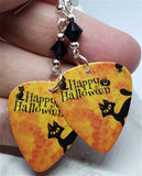 Happy Halloween Black Cat Guitar Pick Earrings with Black Swarovski Crystals