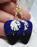 Haunted Castle in Front of a Full Moon Guitar Pick Earrings with Yellow Swarovski Crystals