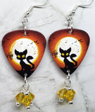Black Cat and Flying Bats in Front of a Full Moon Guitar Pick Earrings with Yellow Swarovski Crystal Dangles