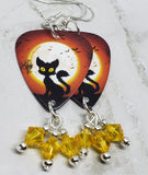Black Cat and Flying Bats in Front of a Full Moon Guitar Pick Earrings with Yellow Swarovski Crystal Dangles