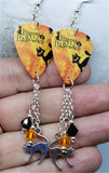 Happy Halloween Black Cat Guitar Pick Earrings with Cat Charm and Swarovski Crystal Dangles