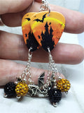 Haunted Castle with Bats and Ghosts Guitar Pick Earrings with Bat Charms and Pave Bead Dangles