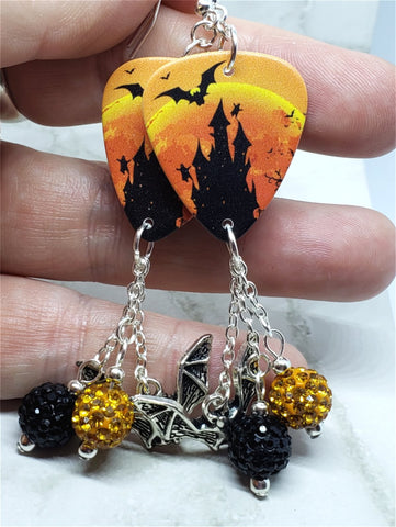 Haunted Castle with Bats and Ghosts Guitar Pick Earrings with Bat Charms and Pave Bead Dangles