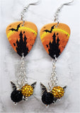 Haunted Castle with Bats and Ghosts Guitar Pick Earrings with Bat Charms and Pave Bead Dangles