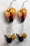 Haunted Castle with Bats and Ghosts Guitar Pick Earrings with Bat Charms and Pave Bead Dangles