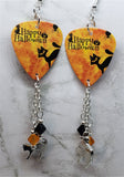 Happy Halloween Black Cat Guitar Pick Earrings with Cat Charm and Swarovski Crystal Dangles