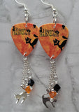 Happy Halloween Black Cat Guitar Pick Earrings with Cat Charm and Swarovski Crystal Dangles