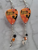 Happy Halloween Black Cat Guitar Pick Earrings with Cat Charm and Swarovski Crystal Dangles