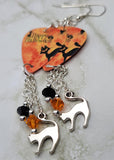 Happy Halloween Black Cat Guitar Pick Earrings with Cat Charm and Swarovski Crystal Dangles