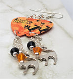 Happy Halloween Black Cat Guitar Pick Earrings with Cat Charm and Swarovski Crystal Dangles