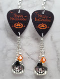 Happy Halloween Jack o' Lantern Guitar Pick Earrings with Jack o' Lantern Charms and Swarovski Crystal Dangles
