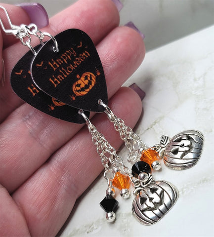 Happy Halloween Jack o' Lantern Guitar Pick Earrings with Jack o' Lantern Charms and Swarovski Crystal Dangles