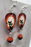 Black Cat and Flying Bats in Front of a Full Moon Guitar Pick Earrings with BiColor Pave Bead Dangles