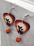 Black Cat and Flying Bats in Front of a Full Moon Guitar Pick Earrings with BiColor Pave Bead Dangles