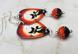 Black Cat and Flying Bats in Front of a Full Moon Guitar Pick Earrings with BiColor Pave Bead Dangles