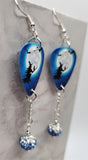 Witch on Broomstick with Cat Guitar Pick Earrings with Blue Ombre Pave Bead Dangles