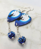 Witch on Broomstick with Cat Guitar Pick Earrings with Blue Ombre Pave Bead Dangles
