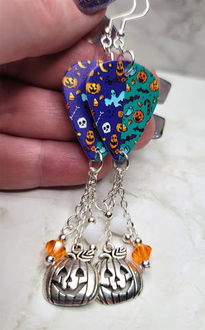 Halloween Themed Guitar Pick Earrings with Jack o' Lantern Charm and Swarovski Crystal Dangles