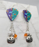 Halloween Themed Guitar Pick Earrings with Jack o' Lantern Charm and Swarovski Crystal Dangles