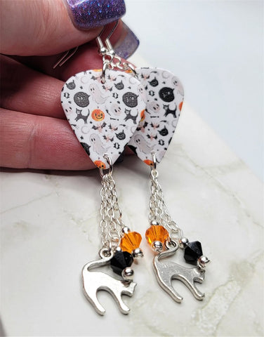 Halloween Guitar Pick Earrings with Cat Charms and Swarovski Crystal Dangles