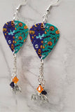 Halloween Themed Guitar Pick Earrings with Bat Charm and Swarovski Crystal Dangles