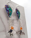 Halloween Themed Guitar Pick Earrings with Bat Charm and Swarovski Crystal Dangles