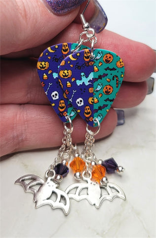 Halloween Themed Guitar Pick Earrings with Bat Charm and Swarovski Crystal Dangles