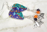 Halloween Themed Guitar Pick Earrings with Bat Charm and Swarovski Crystal Dangles