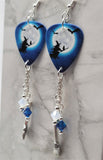 Witch on Broomstick with Cat Guitar Pick Earrings with Broomstick Charm and Swarovski Crystal Dangles
