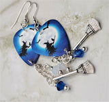 Witch on Broomstick with Cat Guitar Pick Earrings with Broomstick Charm and Swarovski Crystal Dangles