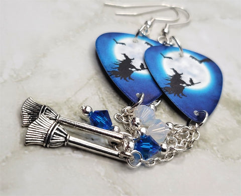 Witch on Broomstick with Cat Guitar Pick Earrings with Broomstick Charm and Swarovski Crystal Dangles
