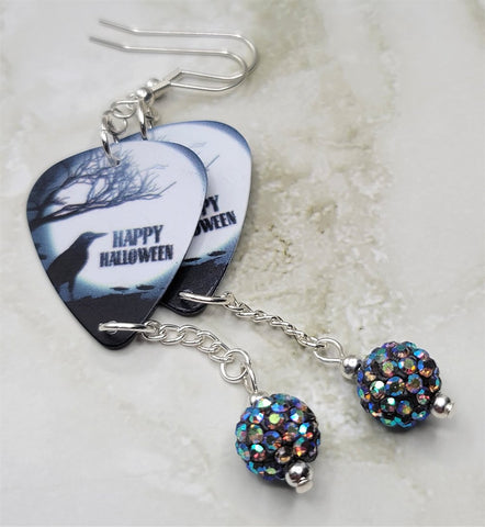 Happy Halloween Raven Guitar Pick Earrings with Gray AB Pave Bead Dangles