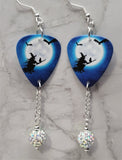 Witch on Broomstick with Cat Guitar Pick Earrings with White AB Pave Bead Dangles