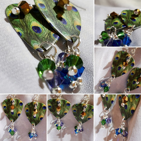 CLEARANCE Peacock Guitar Pick Earrings with Swarovski Crystal Dangles