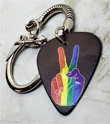 Pride Rainbow on Peace Fingers Guitar Pick Keychain